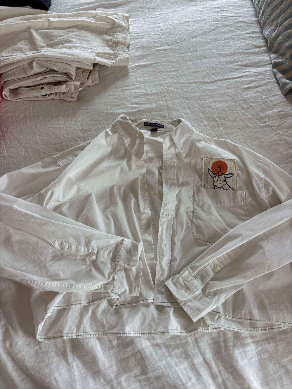 White Button-Up Jacket with Pocket Embroidery